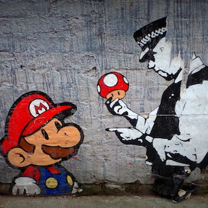 Banksy Super Mario Cop Policeman Mushroom Art Canvas, Banksy Street Art,Famous Graffiti Mural Canvas Picture Wall Art,Street Graffiti Art