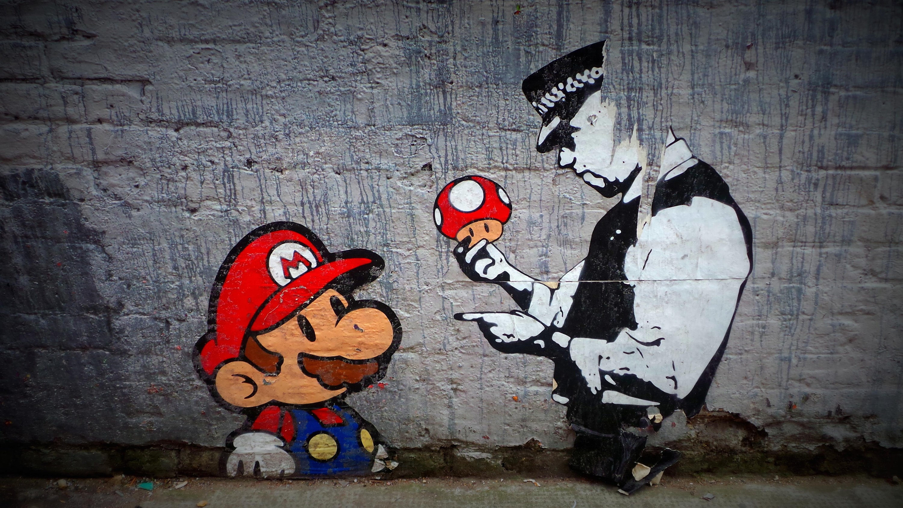 額付き ポスター Banksy スーパー マリオ キノコ Police