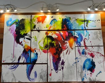 Modern Abstract Colourful World Map Print on Canvas ,Travel Map Prints Large Wall Art ,Multi Panel Earth Map Artwork Wall Decor