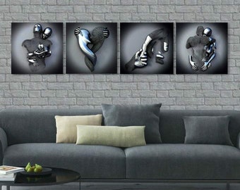 Wall Art Canvas Print, Set of 4 Wall Decor, 3D Effect Modern Stunning Home Decor,Love Story Artwork, Canvas Picture,Valentines Day Gift