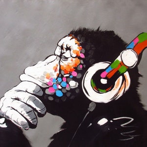 Banksy DJ Monkey Gorilla,Monkey Chimp With Headphones Art Canvas, Banksy Street Art,Famous Graffiti Wall Art,Street Graffiti Canvas