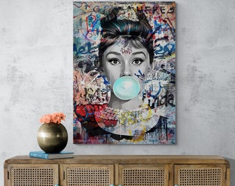 Audrey Hepburn Blue Bubble Gum Wall Art Graffiti Canvas, Famous Artwork,Modern Fashion Home Decor,Street Art Wall Decor, Art Print