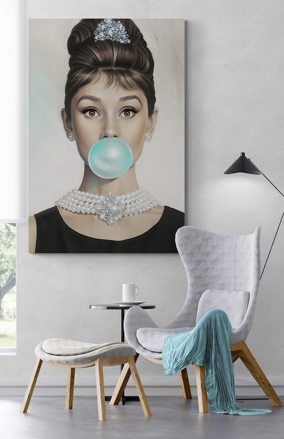 Audrey Hepburn Blue Bubble Gum Wall Art Canvas, Famous Artwork
