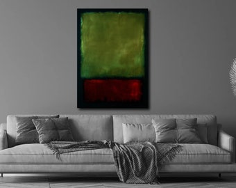 May include: Abstract painting with a green and red color scheme. The painting is divided into two horizontal sections, with the top section being green and the bottom section being red.