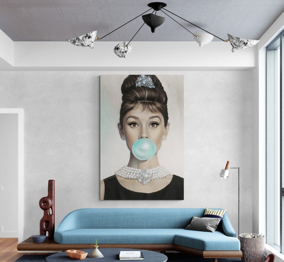 Audrey Hepburn Blue Bubble Gum Wall Art Canvas, Famous Artwork