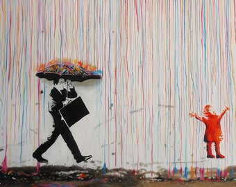 BANKSY WALL ART Canvas Print Rainbow Rain, Banksy Coloured Rain