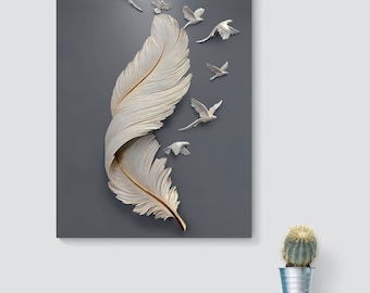 Feather and Birds Canvas Wall Art, Abstract Feather Home Decor , Feather Wall Art, Modern Art Canvas, Abstract Art Canvas