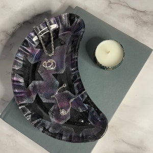 glass moon trinket tray, unique catch all dish, space and moon phases decoupage ring jewelry holder