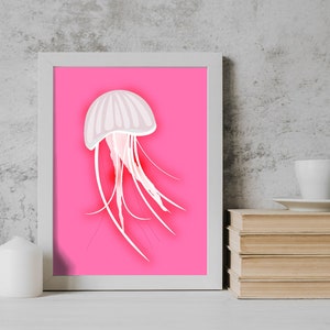 Impresión artística de medusas brillantes - Póster rosa neón - Póster de pared imprimible digital - Impresión artística de pared descargable estética