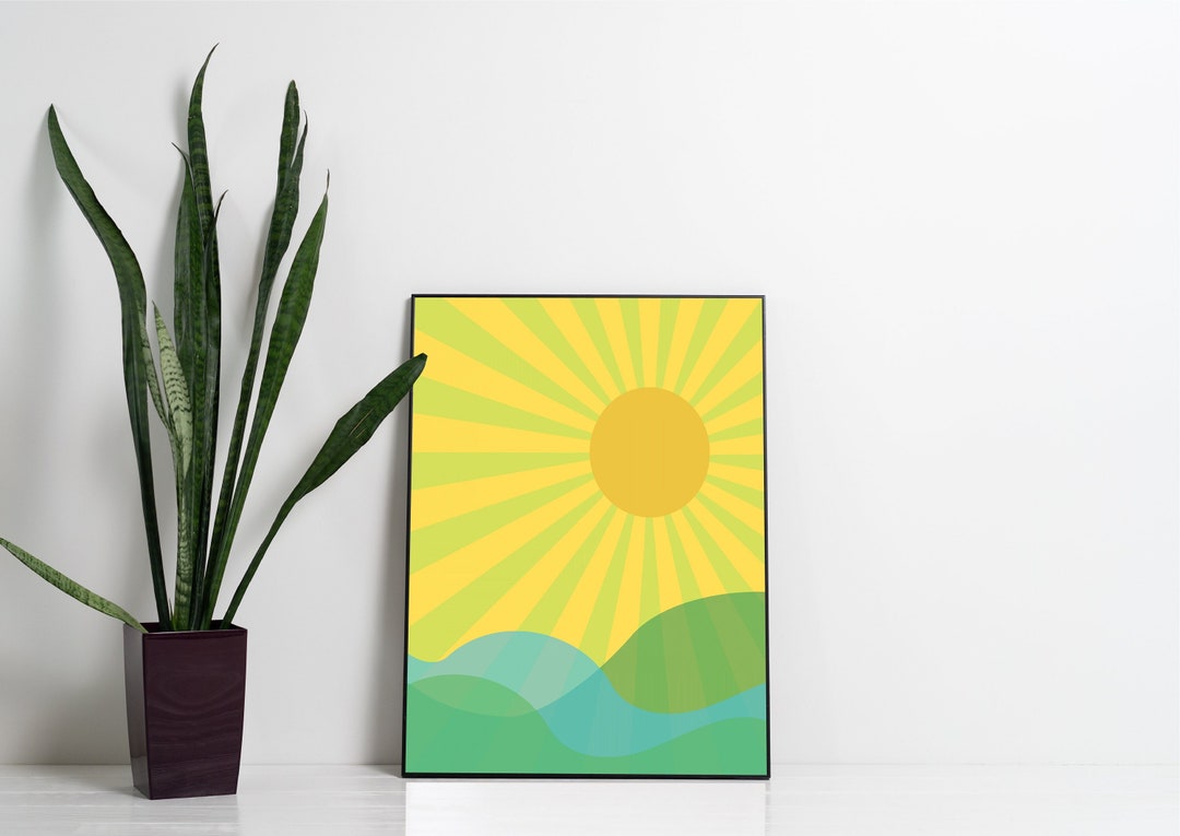 Retro Sun Art Print: Bright Yellow and Green Wall Poster (printable ...