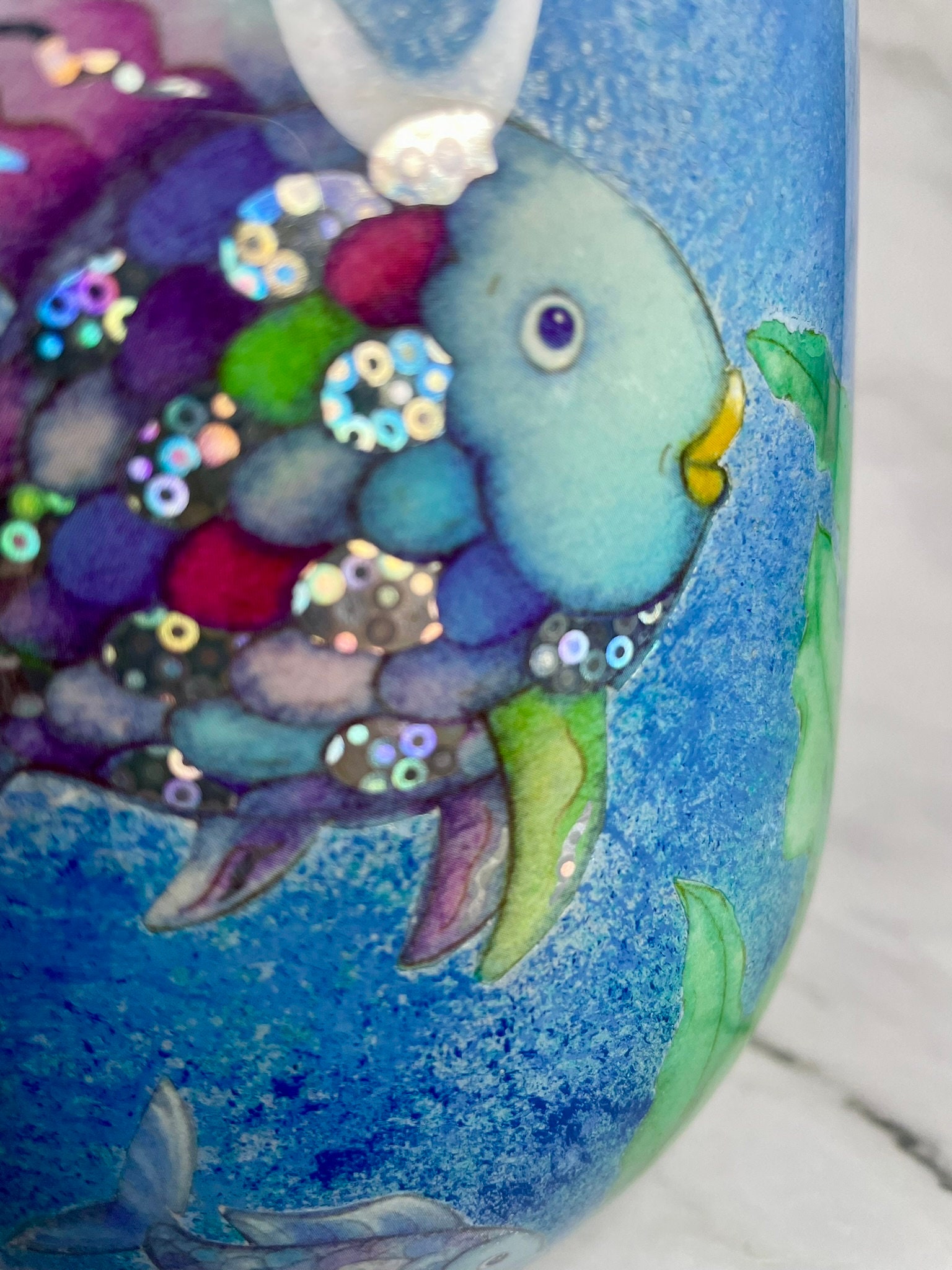 View of Decoupage Glass Vase, Blue Green Metallic Fish Hand Decorated Art Home ...