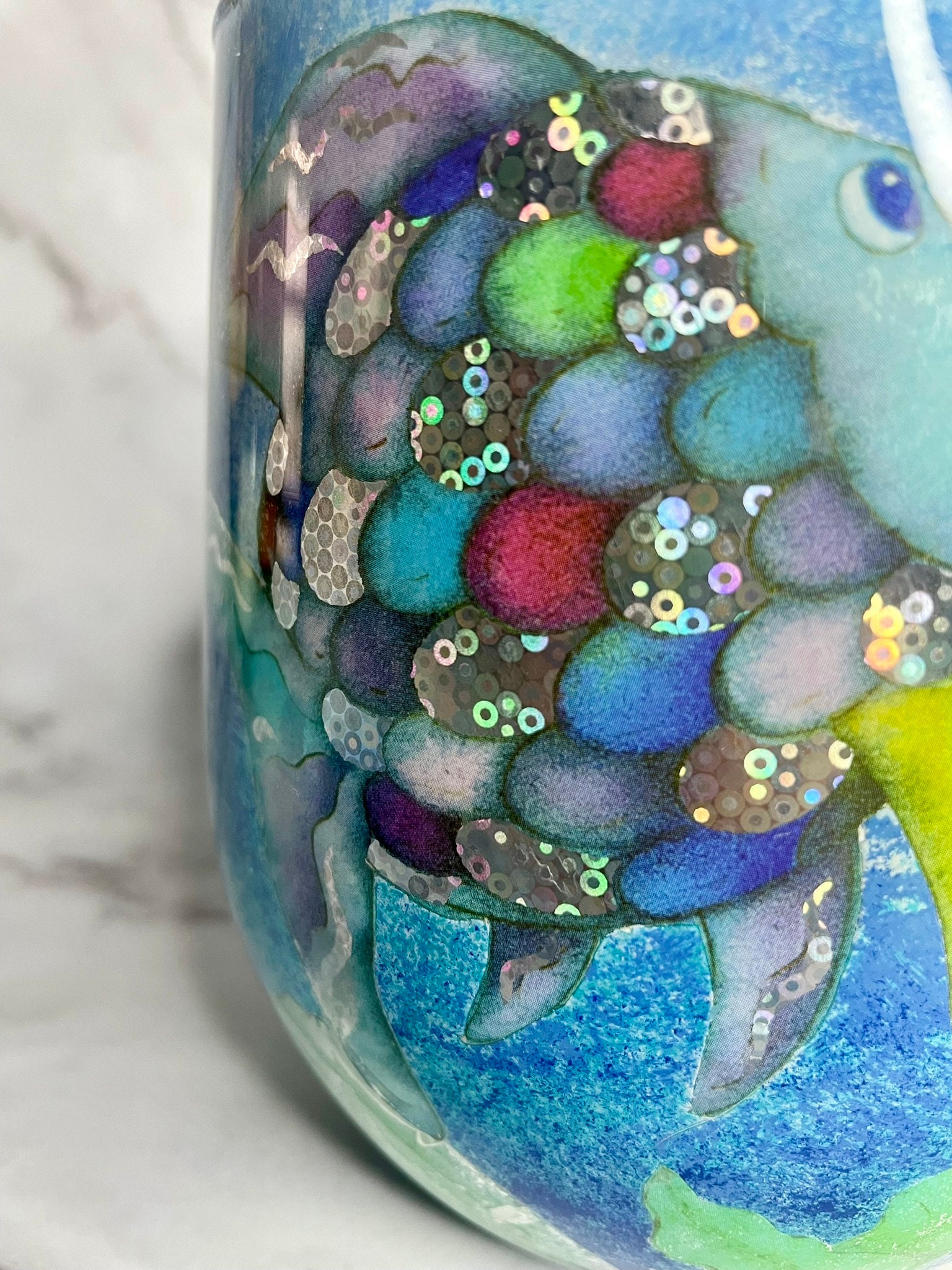 View of Decoupage Glass Vase, Blue Green Metallic Fish Hand Decorated Art Home ...