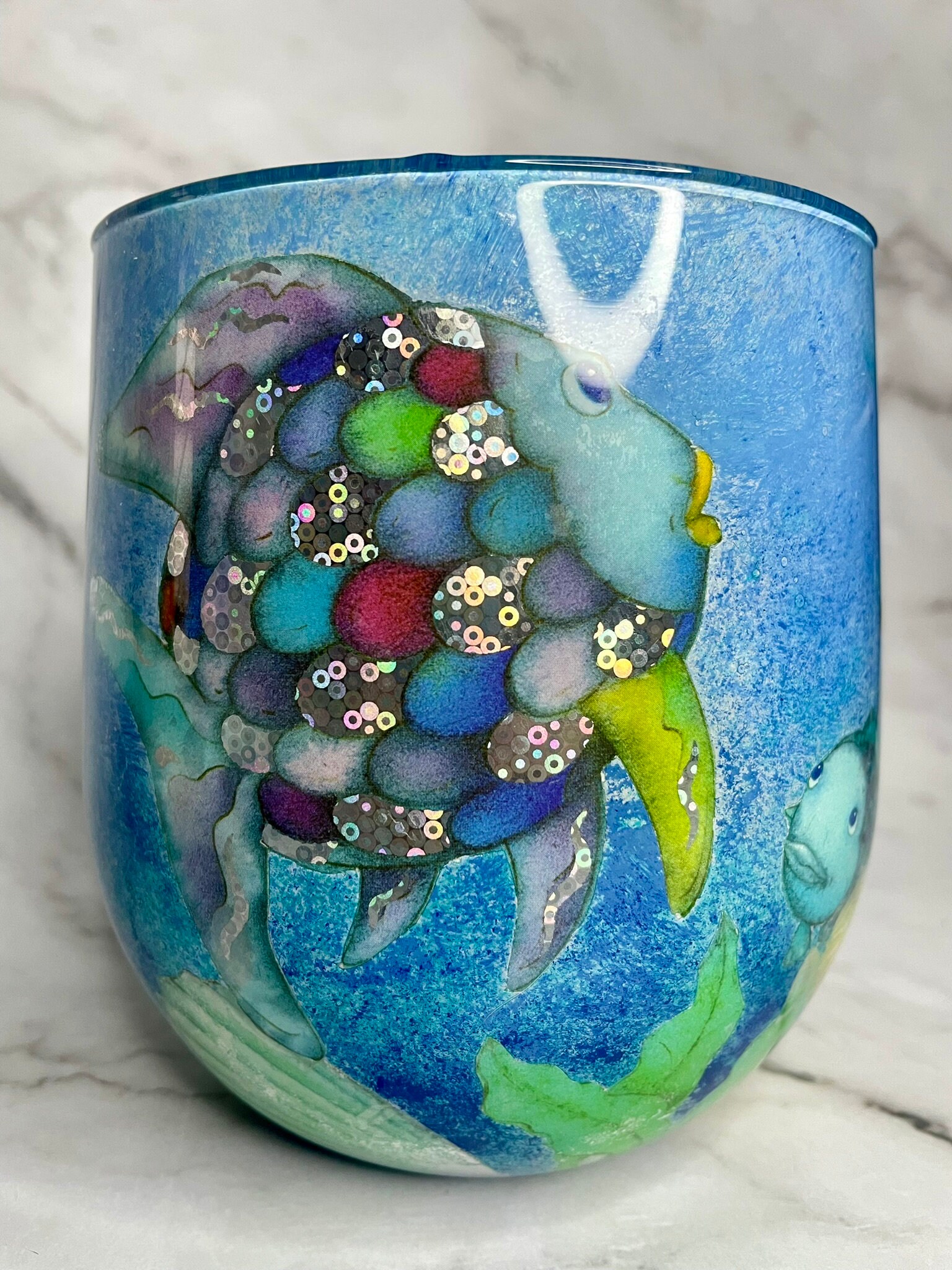 Decoupage Glass Vase, Blue Green Metallic Fish Hand Decorated Art Home ...