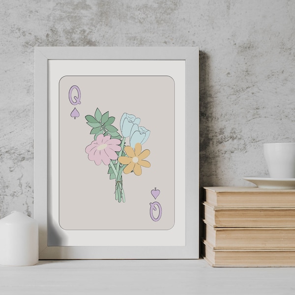 Playing Cards Wall Art Print - Pastel Queen of Spades Printable Digital Download Poster - Aesthetic Minimalist Modern Downloadable Poster