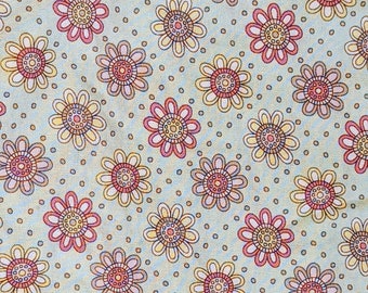 Pale Mint Green Fabric with Floral Medallions in Soft Pink, Blue, Yellow and White PREWASHED By the Yard