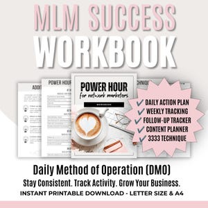 May include: A digital workbook titled MLM SUCCESS WORKBOOK and POWER HOUR for network marketers. It includes a daily action plan, weekly tracking, follow-up tracker, content planner, and 3333 technique. The cover features a coffee cup with heart art.
