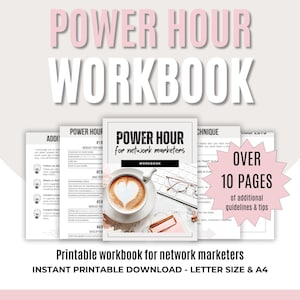 Könnte beinhalten: Ein druckbares Arbeitsbuch mit dem Titel "Power Hour for Network Marketers" in einem rosa-weißen Farbschema. Das Arbeitsbuch zeigt eine Kaffeetasse mit einem Herzdesign, eine Tastatur und eine Brille. Das Cover enthält auch den Text "Über 10 Seiten mit zusätzlichen Richtlinien und Tipps".