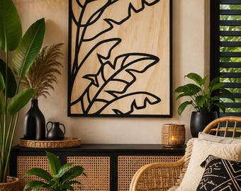Handmade Tropical Palm Leaf Wood Wall Art Panel, Coastal Boho Decor
