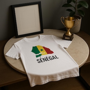 Camiseta Senegal / Supporter CAN 2025 / Carte du Sénégal en couleurs du drapeau / Unisexe/ Blanc