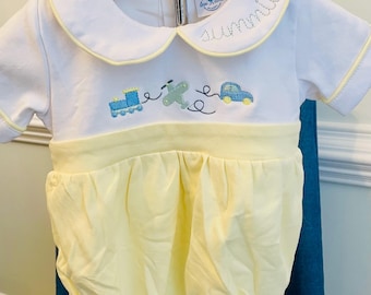 Personalized Baby Boy Bubble Romper | Embroidered boy Spring Outfit