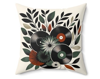 Almohada floral de disco de vinilo retro - Cojín temático musical único para decoración del hogar y regalos audiófilos