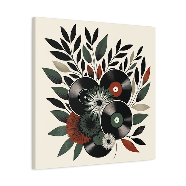 Vintage Inspired Vinyl and Floral Symphony Canvas Print - Retro Music Wall Art for Audiophiles & Botanical Decor Enthusiasts