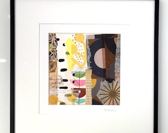 Small Abstract Mixed Media Collage, Original Handmade Art, 6x6" Matted