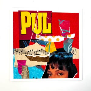 May include: A mixed media collage with a red background and the word "PUL" in yellow. The collage includes torn paper, sheet music, and a woman's eyes. Various colors and textures create a layered effect.