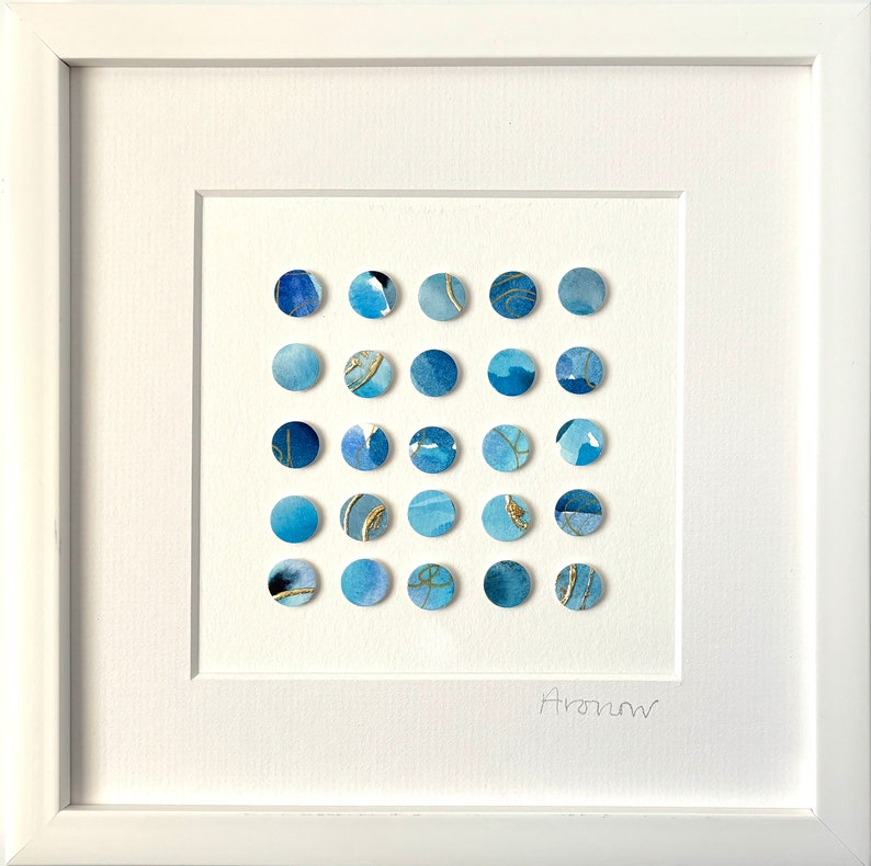 Mixed Media Collage Art, Blue Polka Dot Abstract, 3D Textured Wall ...