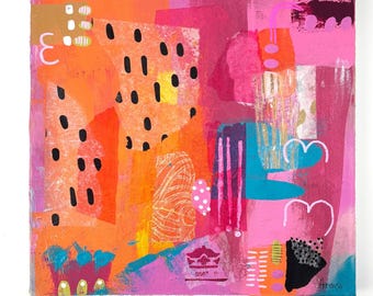 Original Abstract Acrylic Painting, Collage Paper, 12x12 Canvas