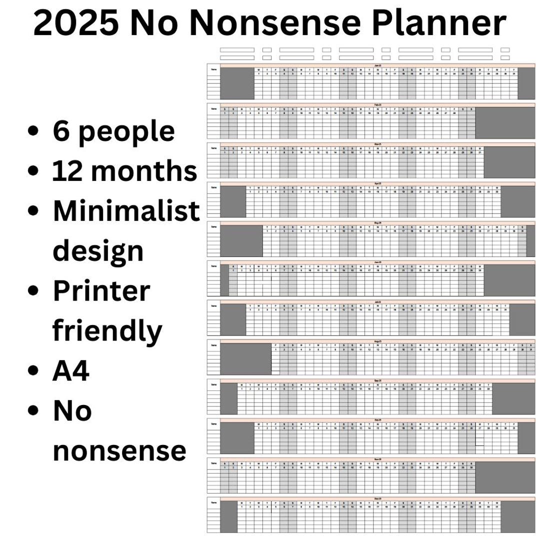 Printable 2025 6 Person No-nonsense Planner | A4 Staff Rota, Holiday ...