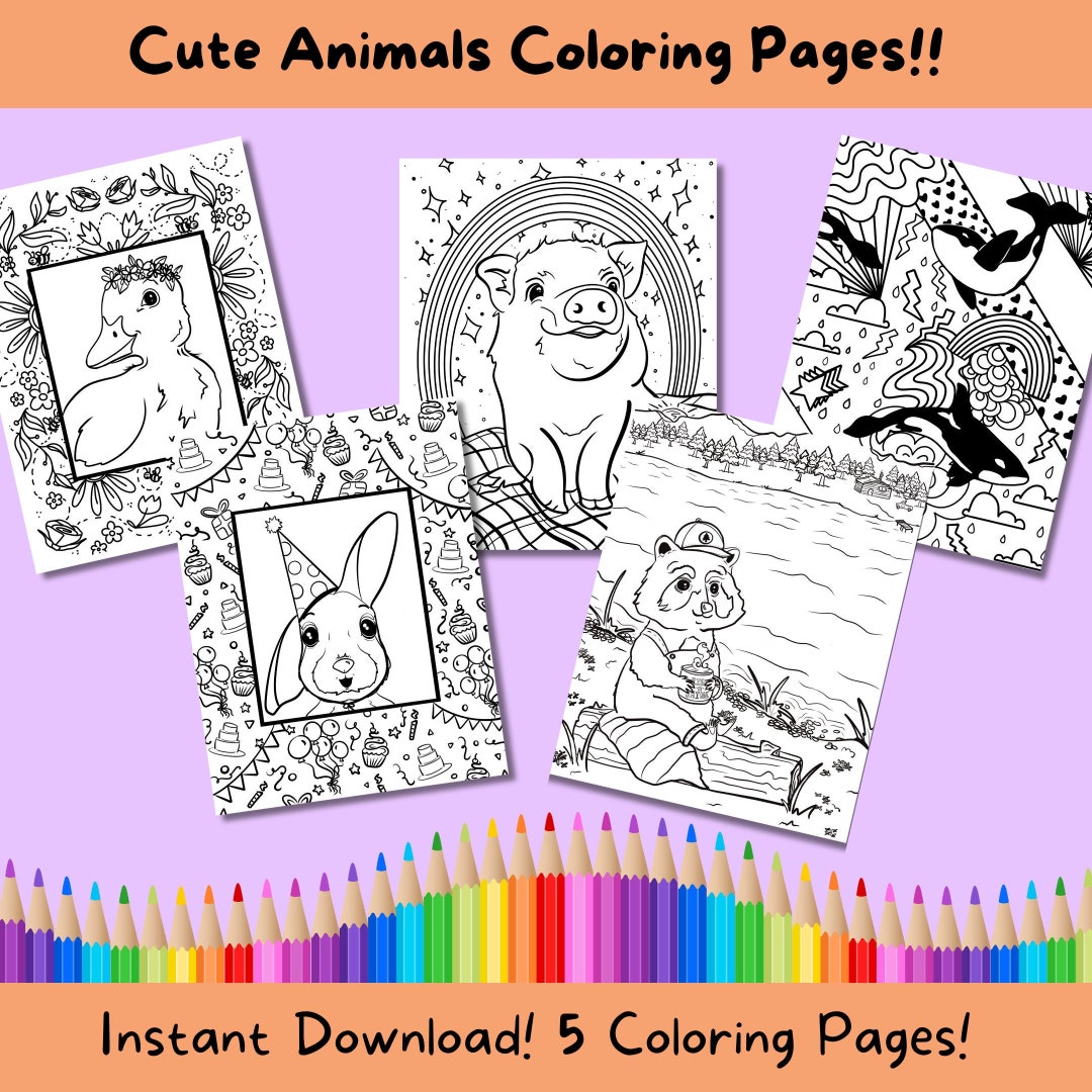Cute Animal Themed Coloring Book Pages for Kids Instant - Etsy