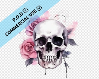 Pink Floral Skull Element, illustrations of human skulls and roses transparent background PNG clipart instant download for commercial use