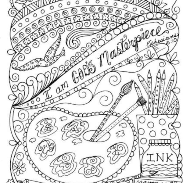 I am God's Masterpiece "Bible Verse Coloring Page | Inspirational Adult and Kids Art | Digital"