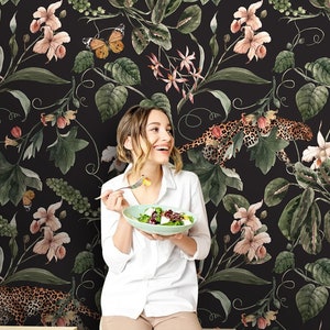 Vintage Dark Floral Wallpaper, Botanical Peel and Stick Flowers Wall Mural, Jaguar Retro Self Adhesive Removable Wallpaper