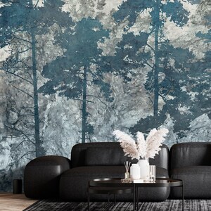 Grunge Forest Peel and Stick Wallpaper: Distressed Concrete Tree Mural