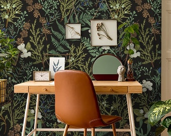 Tapeta Vintage Dark Botanical, fototapeta z roślinami do samodzielnego naklejenia, samoprzylepna, usuwalna tapeta