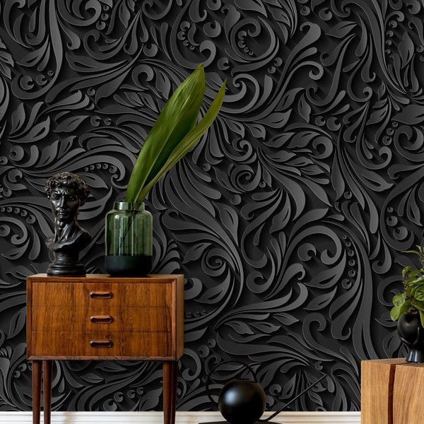 Black Floral 3D Wallpaper, Vine Pattern Peel and Stick Wall Mural, Luxury Self Adhesive Removable Wallpaper