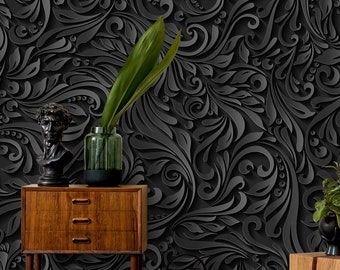 Black Floral 3D Wallpaper, Damask Vine Peel and Stick Mural, Luxury Wall Art