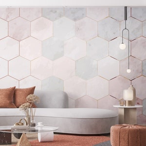 Hexágono rosa oro mármol papel pintado Peel and Stick estampado moderno pared Mural, oro detallado azulejos Color Pastel pared mural