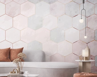 Pink Marble Hexagon Wallpaper: Gold Detail, Modern Wall Mural, Peel and Stick