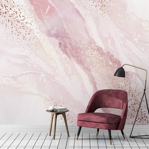 Pink Marble Texture Wallpaper, Peel and Stick Gold Splash Wall Mural, Self Adhesive Removable Wallpaper