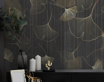 Gold Leafs Wallpaper, Peel and Stick Luxury Elegance Pattern Wall Mural, Black Grunge Self Adhesive Removable Wallpaper