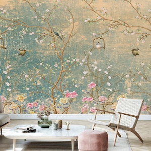 Vintage Floral Wallpaper, Peel and Stick Grunge Chinoiserie Wall Mural, Flowers and Birds Self Adhesive Wallpaper