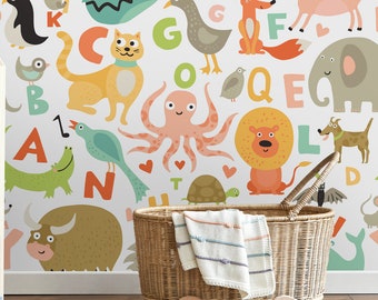 Alphabet Animals Peel and Stick Kids Wallpaper, Educational Nursery Letters Self Adhesive Wall Mural