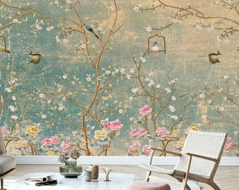 Vintage Chinoiserie Floral Wallpaper, Birds, Peel and Stick Wall Mural Wall Art