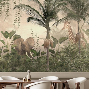Carta da parati con foresta tropicale, murale con animali elefante e giraffa, carta da parati esotica