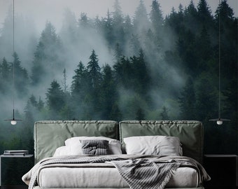 Misty Forest Wallpaper: Peel and Stick Foggy Trees Wall Mural