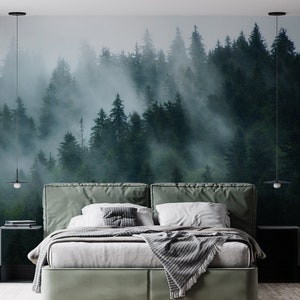 Misty Forest Wallpaper, Peel and Stick Foggy Trees Dark Wall Mural, Woods Self Adhesive Wallpaper