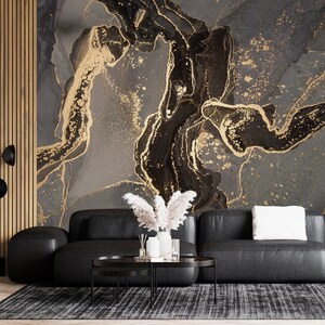 Gold Dark Marble Wallpaper, Peel and Stick Abstract Wall Mural, Black Ink Art Self Adhesive Removable Wallpaper